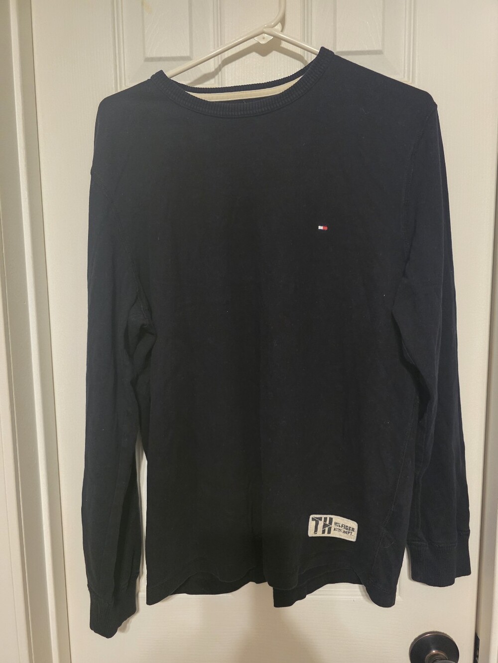 Tommy Hilfiger Men's Long-Sleeve Crewneck Shirt - Navy with Small Flag Logo